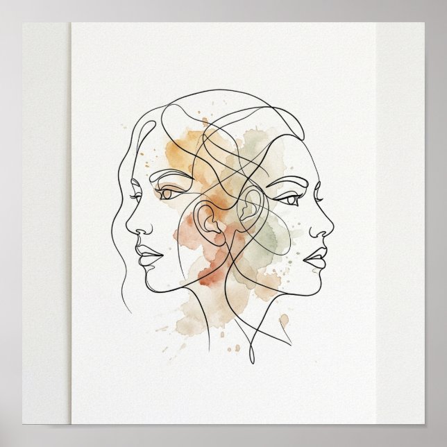 Abstract Line Art Two Faces Square Poster (Front)