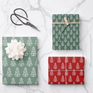 Abstract Line Christmas Trees on Red & Green Wrapping Paper Sheet