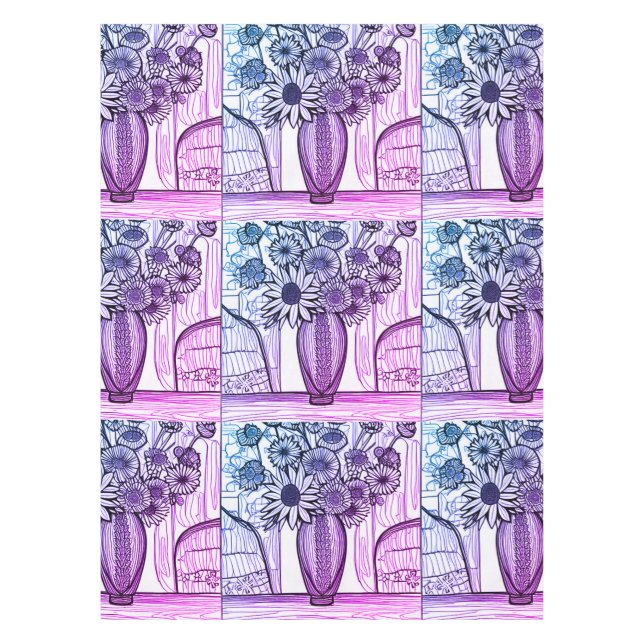 Abstract Line Drawing Floral Art Purple Blue Tablecloth (Front)