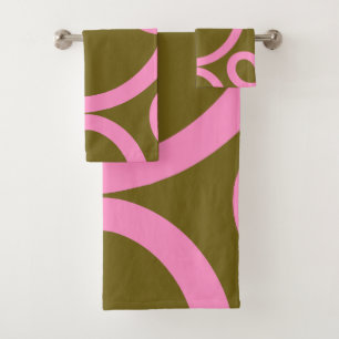 Abstract Line Pink And Olive Green Bath Towel Set
