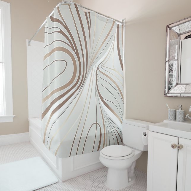 Abstract line white and taupe colours shower curtain (In Situ)