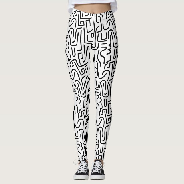 Abstract Lines 130318(a) - Black on White Leggings (Front)
