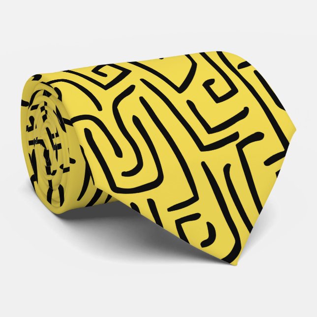 Abstract Lines 130318 - Black on #fff300 Yellow Tie (Rolled)