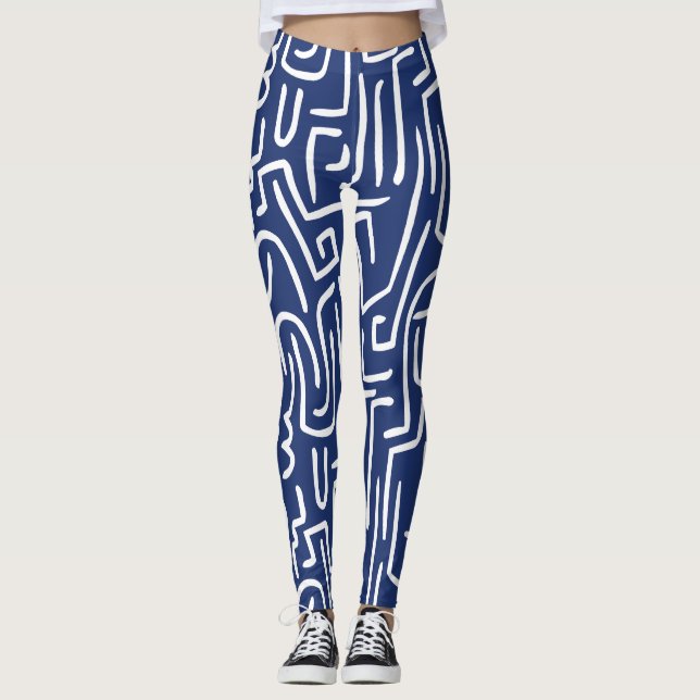 Abstract Lines 130318 - White on #1D336D Blue Leggings (Front)