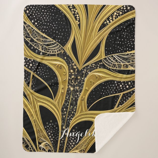 Abstract Lines Black and Gold Personalised Name Sherpa Blanket (Front)