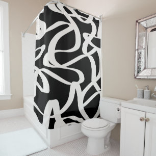 Abstract Lines Modern Black And Beige Cream Swirl  Shower Curtain