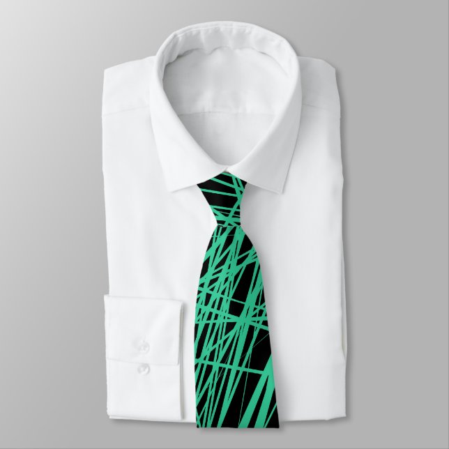 Abstract Lines - Sea Green on Black Tie (Tied)