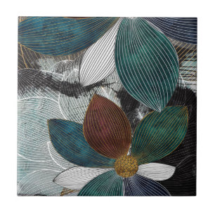 Abstract Linework Floral Art with Bold Petals Ceramic Tile