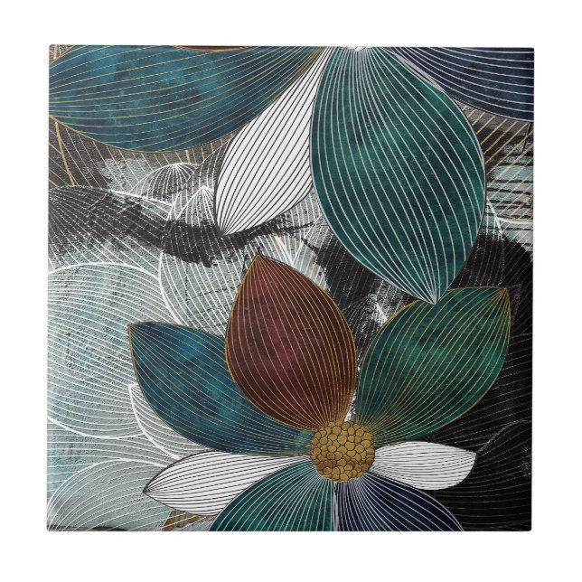 Abstract Linework Floral Art with Bold Petals Ceramic Tile (Front)