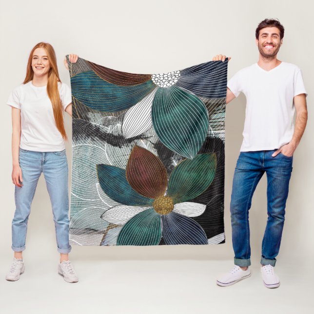 Abstract Linework Floral Art with Bold Petals Fleece Blanket (In Situ)