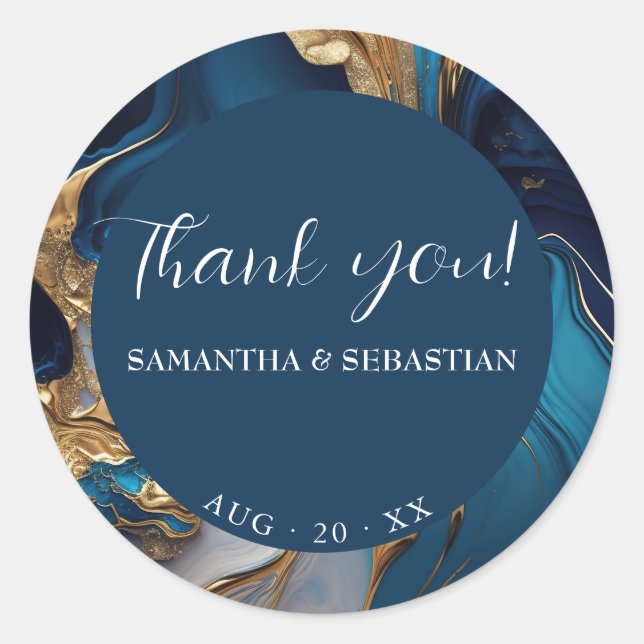 Abstract Liquid Gold on Blue Marble Classic Round Sticker (Front)