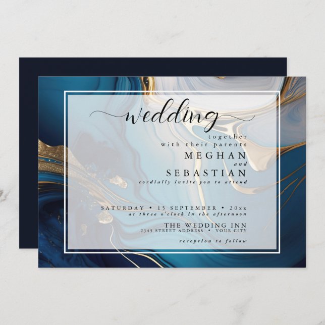 Abstract Liquid Gold on Blue Marble Invitation (Front/Back)