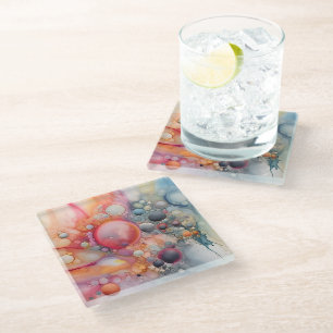 Abstract Liquid Pour Art Beach Vibes, Pebble Cells Glass Coaster