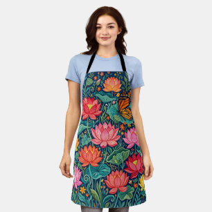 Abstract Lotus Flowers Monarch Butterfly Apron