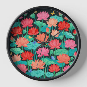 Abstract Lotus Garden Butterflies Art Clocks