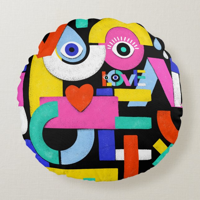 Abstract love, eyes: colourful pattern round cushion (Front)