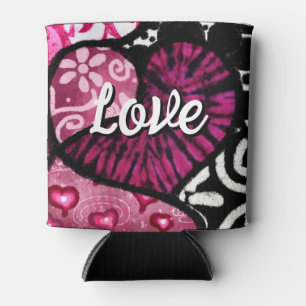 Abstract Love Heart Pink Floral Polka Dots Black Can Cooler