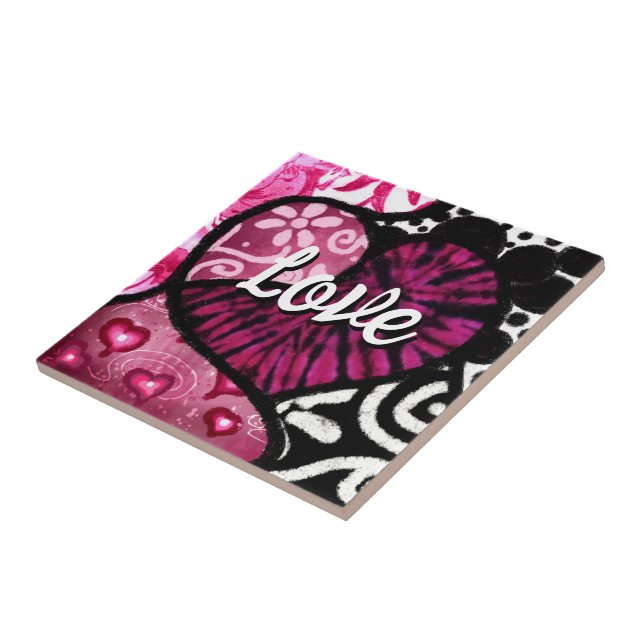 Abstract Love Heart Pink Floral Polka Dots Black Ceramic Tile (Side)