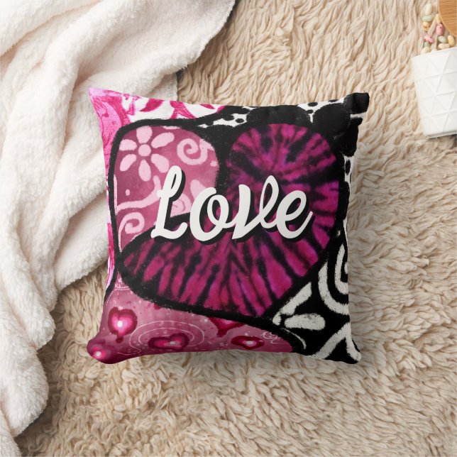 Abstract Love Heart Pink Floral Polka Dots Black Cushion (Blanket)