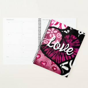 Abstract Love Heart Pink Floral Polka Dots Black Planner