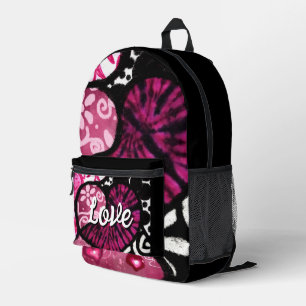 Abstract Love Heart Pink Floral Polka Dots Black Printed Backpack