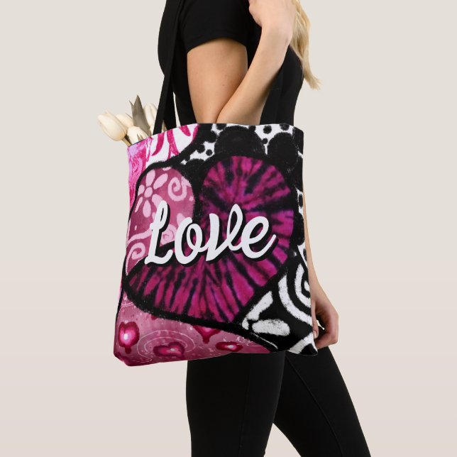 Abstract Love Heart Pink Floral Polka Dots Black Tote Bag (Close Up)