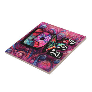 Abstract Love Word Graffiti Valentine Floral Pink Ceramic Tile