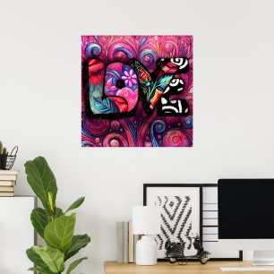 Abstract Love Word Graffiti Valentine Floral Pink Poster
