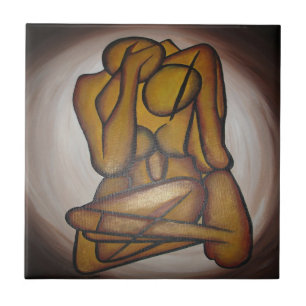 Abstract Lovers Contemporary Art In Ochre And Brow Ceramic Tile