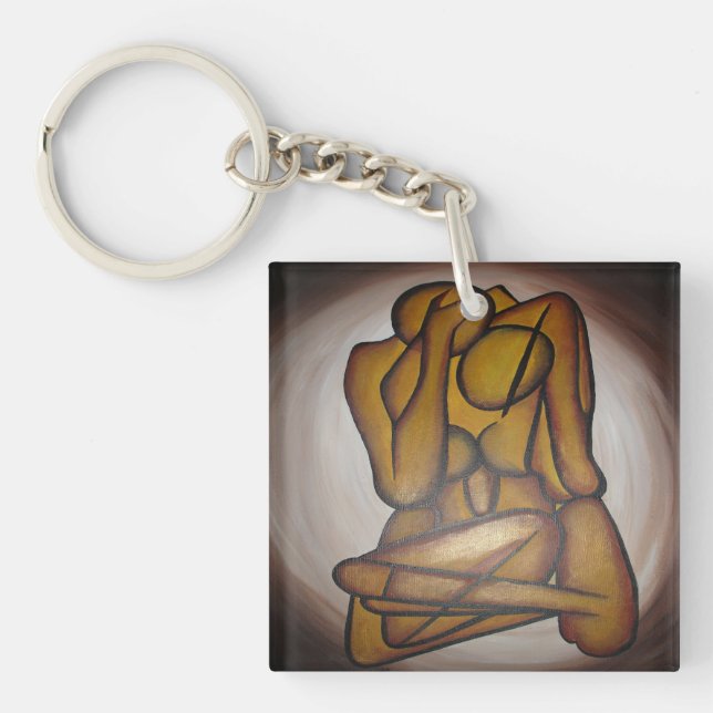 Abstract Lovers Contemporary Art In Ochre And Brow Key Ring (Front)