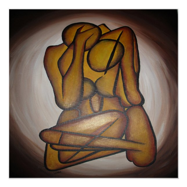 Abstract Lovers Contemporary Art In Ochre And Brow Poster (Front)