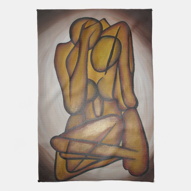 Abstract Lovers Contemporary Art In Ochre And Brow Tea Towel (Vertical)