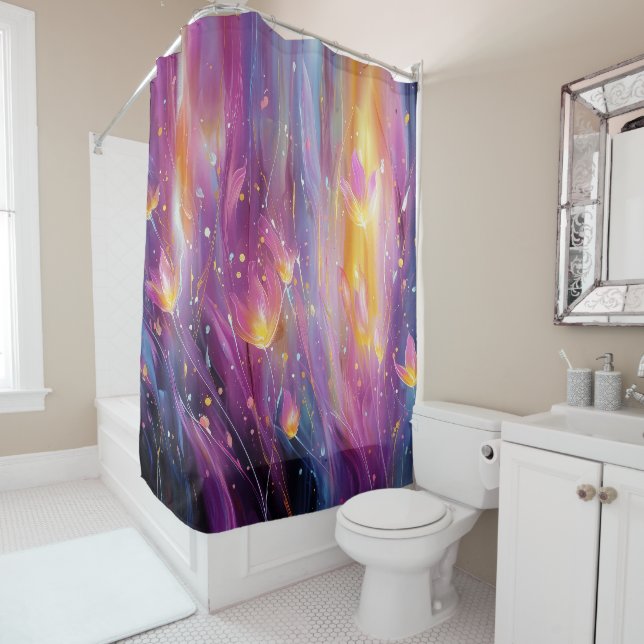 Abstract luminous floral explosion shower curtain (In Situ)