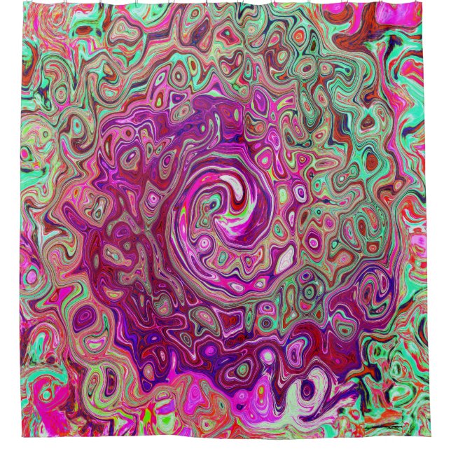 Abstract Magenta and Green Retro Liquid Swirl Shower Curtain (Front)