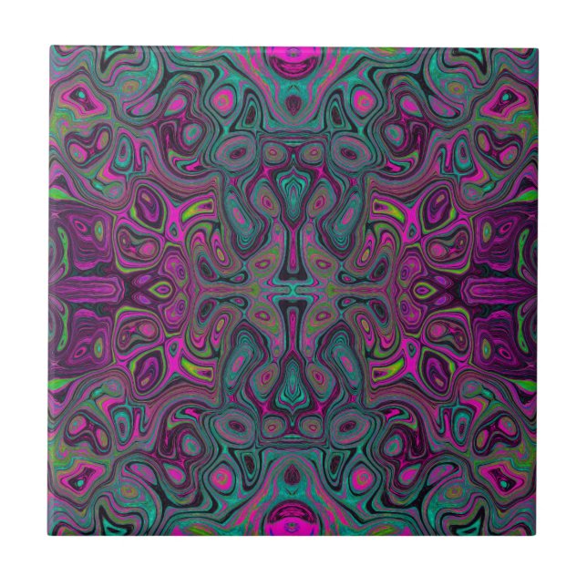 Abstract Magenta and Teal Blue Groovy Pattern Ceramic Tile (Front)