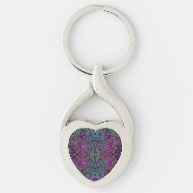 Abstract Magenta and Teal Blue Groovy Pattern Key Ring (Front)