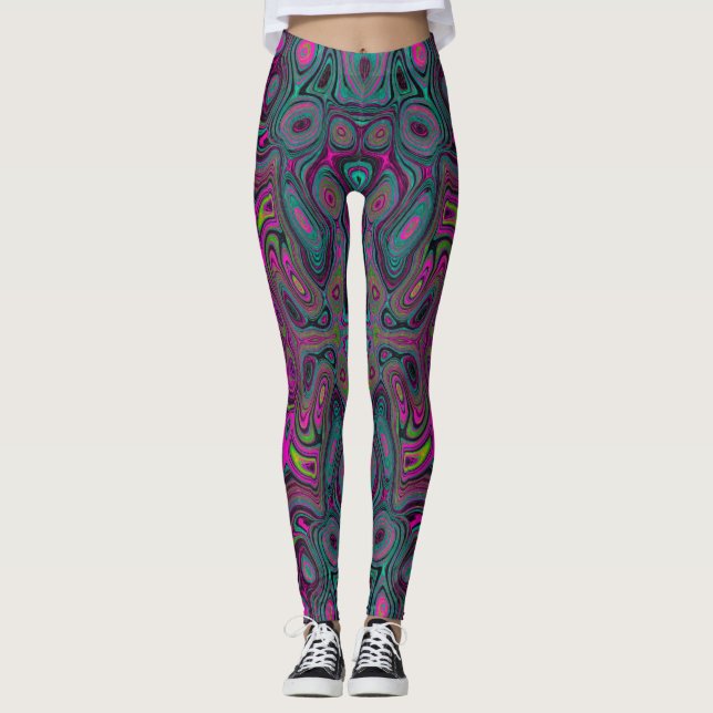 Abstract Magenta and Teal Blue Groovy Pattern Leggings (Front)