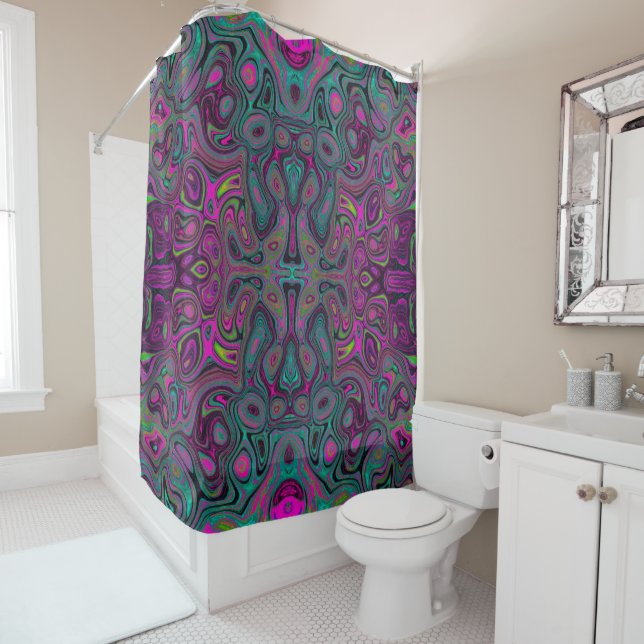 Abstract Magenta and Teal Blue Groovy Pattern Shower Curtain (In Situ)