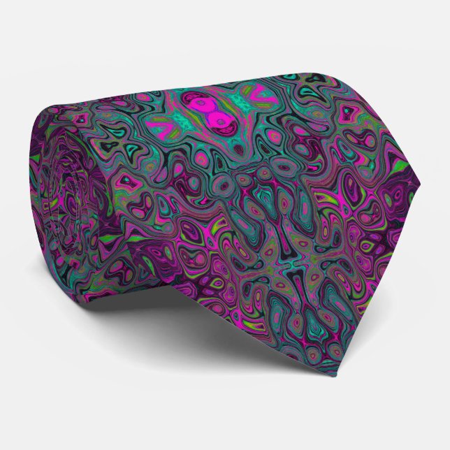 Abstract Magenta and Teal Blue Groovy Pattern Tie (Rolled)