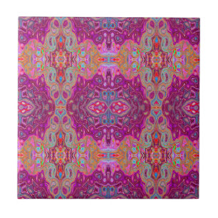 Abstract Magenta Pink, Blue and Red Groovy Pattern Ceramic Tile