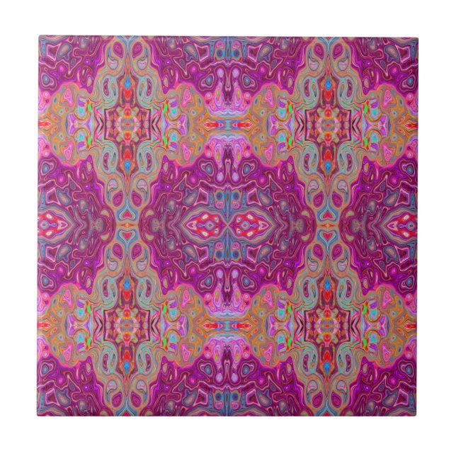 Abstract Magenta Pink, Blue and Red Groovy Pattern Ceramic Tile (Front)