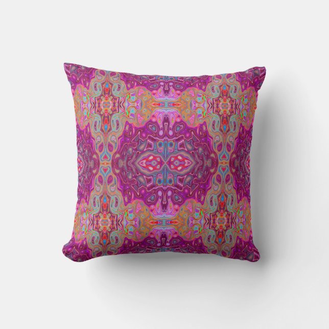Abstract Magenta Pink, Blue and Red Groovy Pattern Cushion (Front)