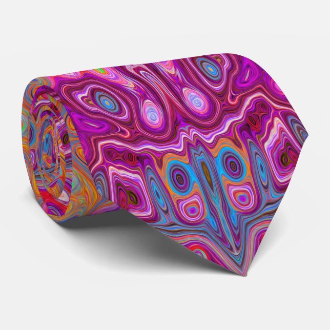 Abstract Magenta Pink, Blue and Red Groovy Pattern Tie (Rolled)