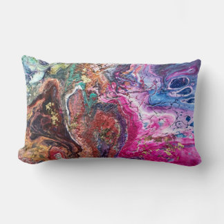 Abstract magic flowers pink gold orange blue lumbar cushion