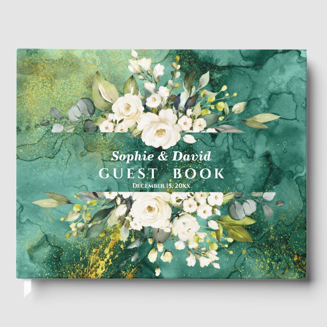 Abstract Malachite Gold White Cream Floral Wedding Guest Book (Front)
