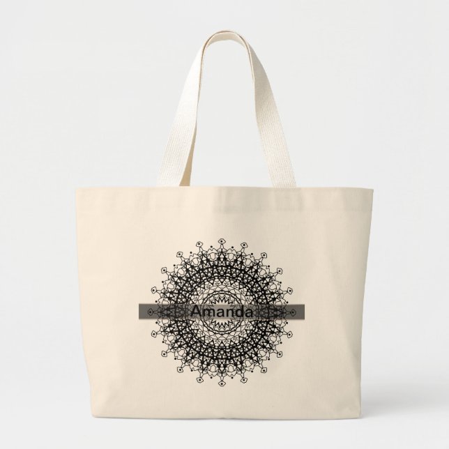 Abstract mandala east asian round ornamental black large tote bag (Front)