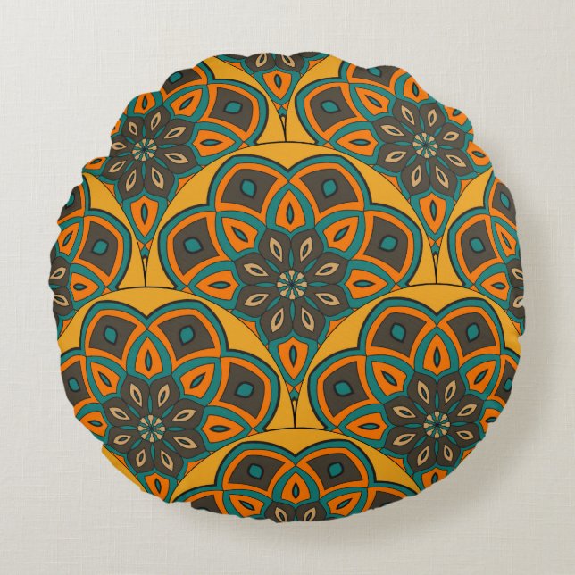 Abstract mandala fish scale seamless pattern. Orna Round Cushion (Front)
