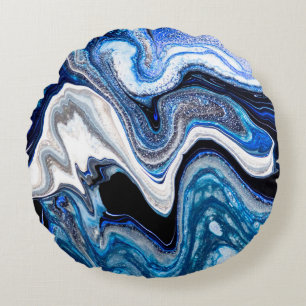 Abstract marble liquid texture in silver white gli round cushion