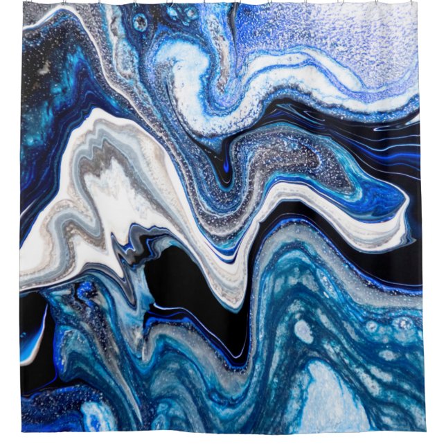 Abstract marble liquid texture in silver white gli shower curtain (Front)