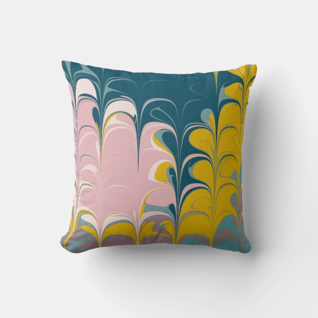 Abstract Marble Modern Ebru Pattern Teal and Pink Cushion (Front)